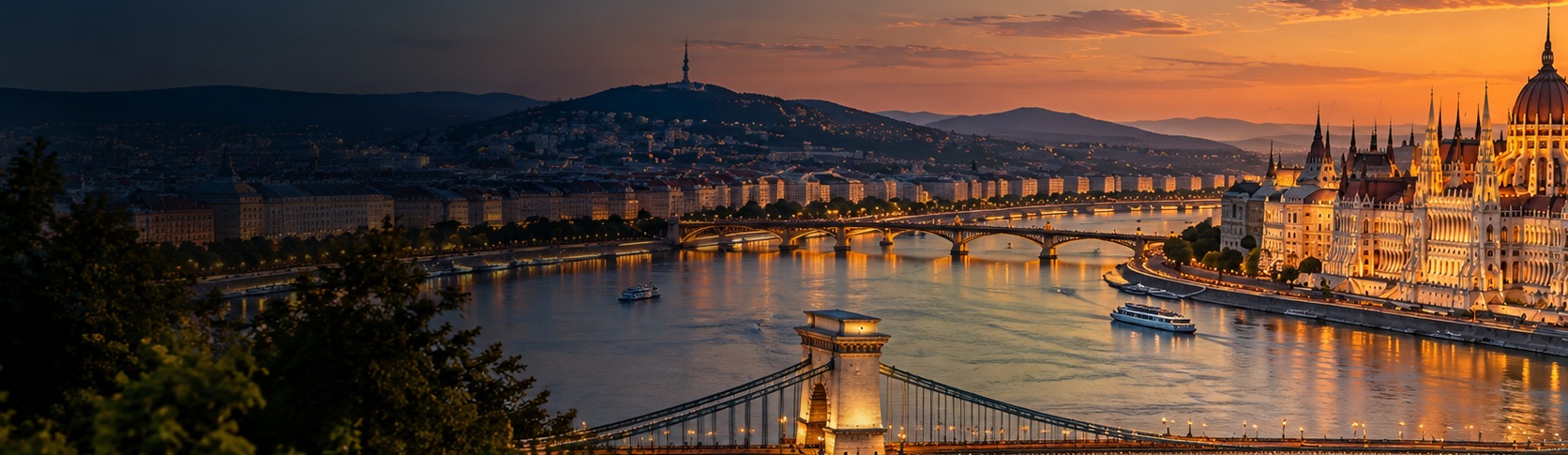 Budapest skyline at sunset over the Danube, Hungary